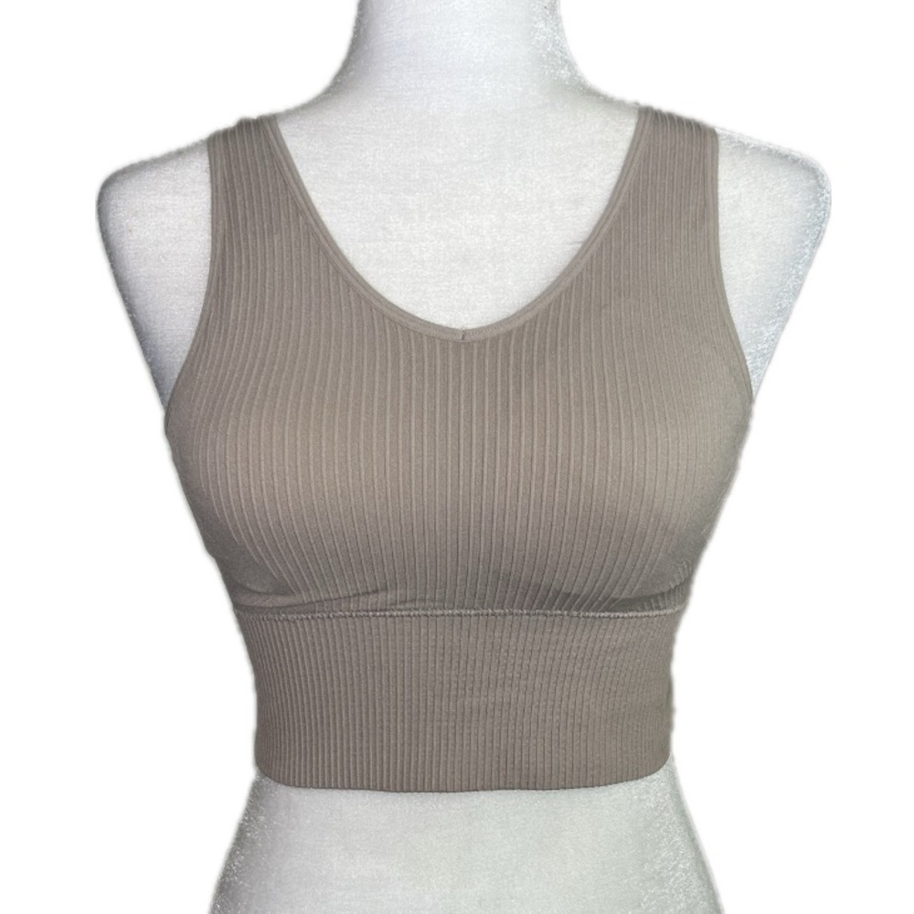 Ribbed V-Neck Taupe Tank Crop Top w/ Supportive Sports Bra